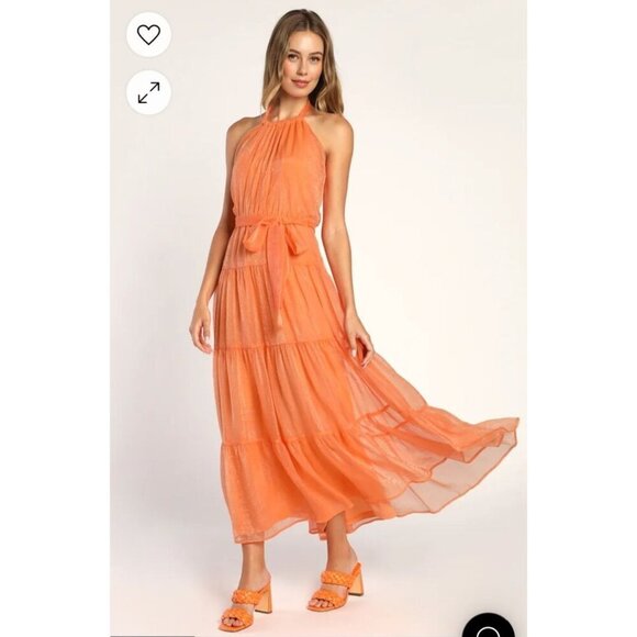 New Lulus Tiers to Style Orange Tiered Halter Maxi Dress Size L - Picture 2 of 11